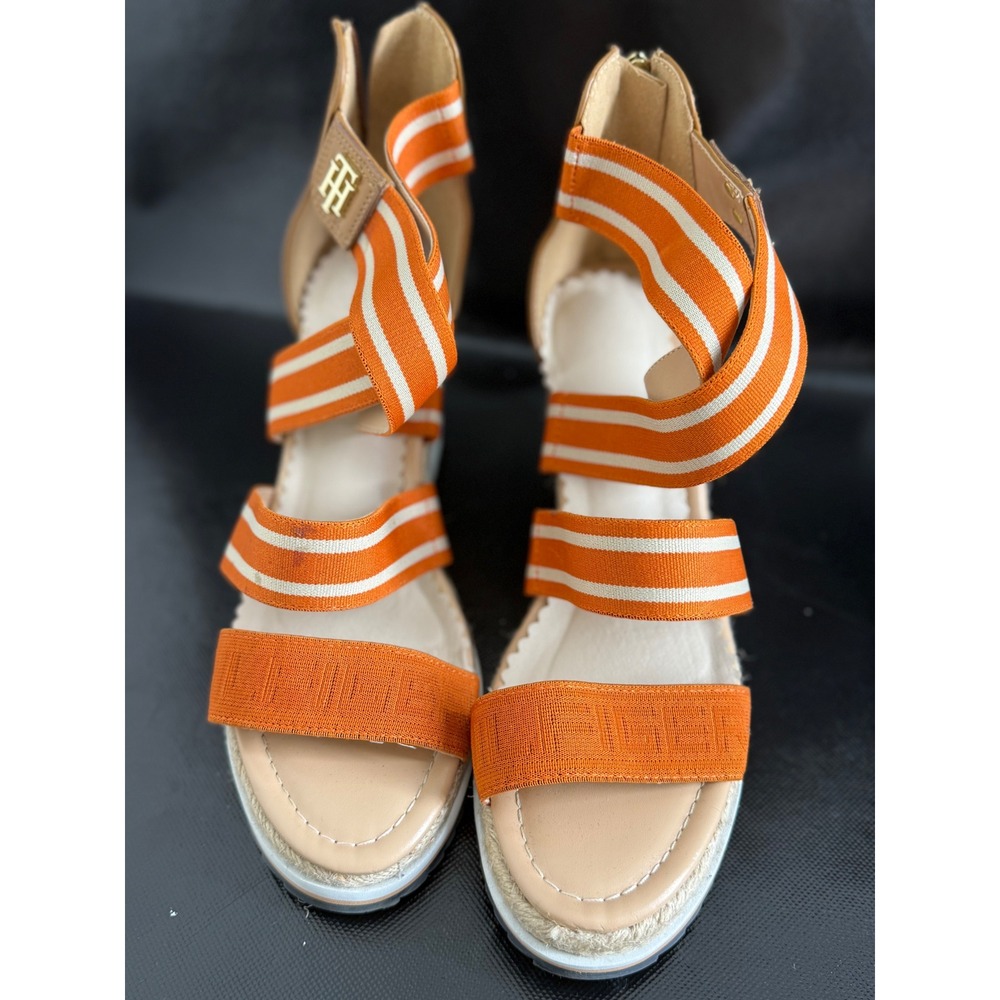 Tommy Hilfiger Wedge Sandals Espadrille Orange White Strap Zip Up Women's Shoes